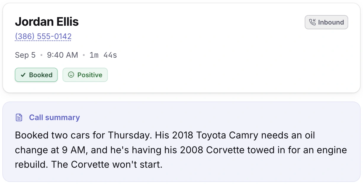 Example call from Jordan Ellis, (386) 555-0142, marked Booked and Positive. Two cars booked for Thursday: his 2018 Toyota Camry needs an oil change at 9 AM, and his 2008 Corvette, which won't start, is being towed in for an engine rebuild.