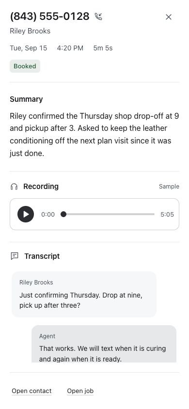 WBW example call detail showing Riley Brooks, a booked outcome, call summary, recording controls and conversation transcript.