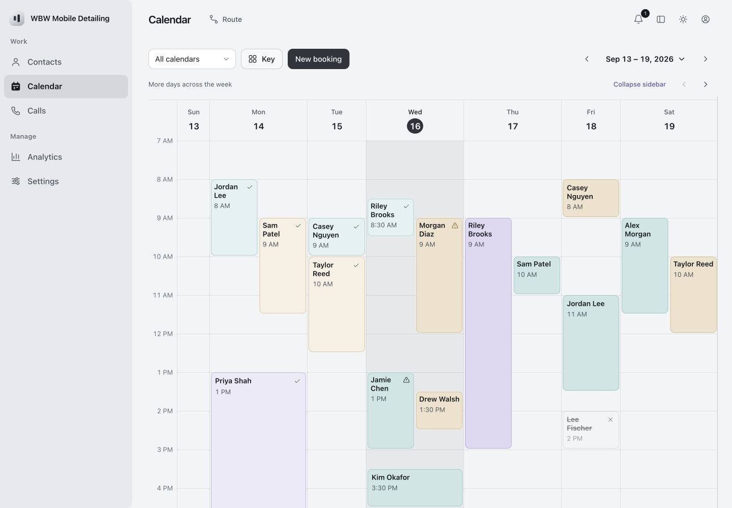 Detailing demo calendar showing vehicle services scheduled across a working week.
