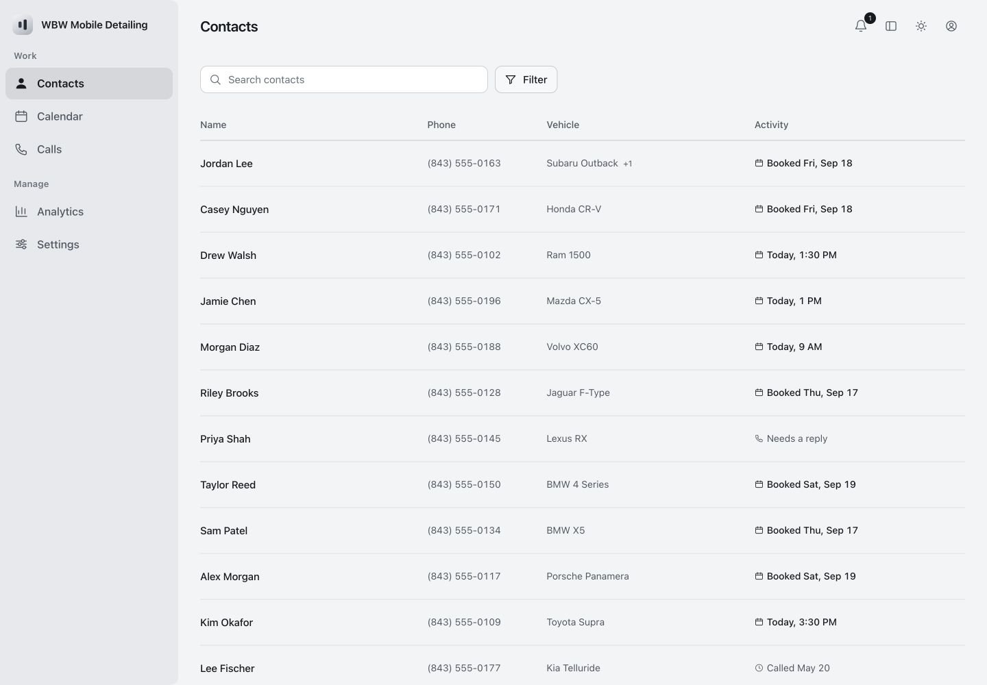Detailing demo customer directory with customer records and follow-up information.