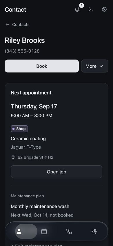 Detailing customer record on a phone showing the next appointment and vehicle.