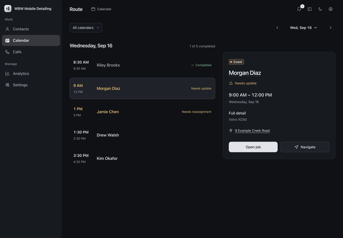 Detailing product preview showing scheduled stops and the selected job details.